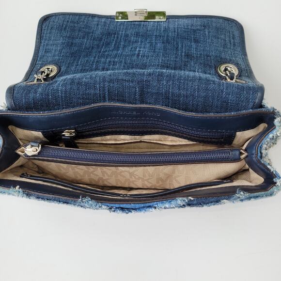 Michael Kors Sloan Denim Crossbody Shoulder Bag Blue Chevron Fringe Patchwork - Picture 6 of 16